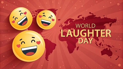 Expressive emojis with hearts celebrate World Laughter Day on red map backdrop.