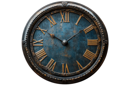 An antique clock with roman numerals a deep blue face and aged bronze casing against a stark black background showcasing timeless elegance on transparent background