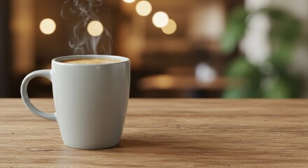 A Warm Cup of Coffee Captured in a Cozy Café Setting, Exuding Comfort and Inviting Ambiance with Steaming Hot Beverage on a Wooden Table