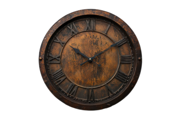 An antique bronze clock with Roman numerals showing the passage of time against a stark black background a timeless piece with a rustic on transparent background