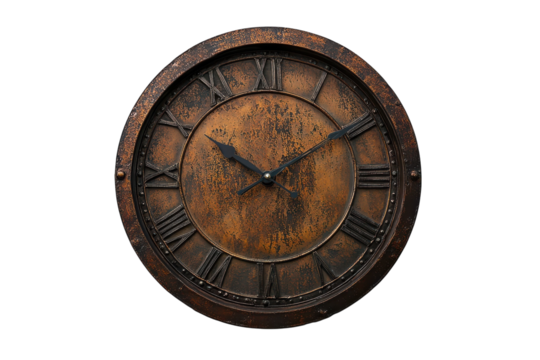 An antique bronze clock with Roman numerals showing the passage of time against a stark black background a timeless piece with a rustic on transparent background - Powered by Adobe