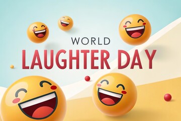 Fun and cheerful World Laughter Day banner featuring three smiling emoji characters.
