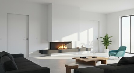 Modern Minimalist Living Room with Luxurious Fireplace and Natural Light in a Contemporary Open Space Design