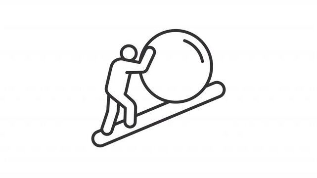 Sisyphean labour line animation. Person pushing huge ball uphill animated icon. Never get done tasks. Endless and futile work. Outline element on white background. HD video with alpha channel
