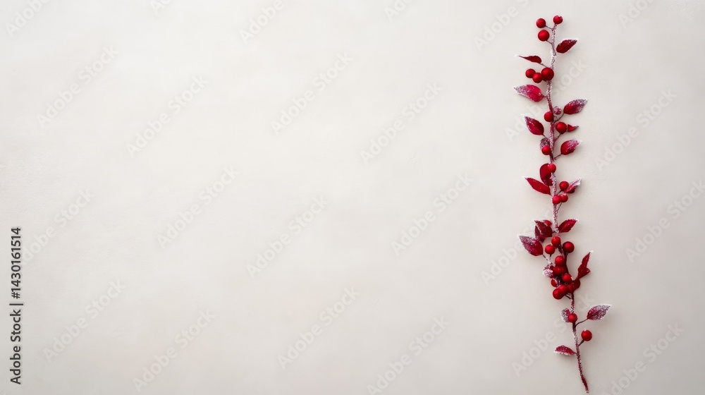 Aufkleber single christmas branch with frosted leaves and bright red berries rests on a neutral backdrop, crea