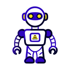 Illustration of a friendly AI robot with purple and white design, standing against a plain background, showcasing technology and innovation