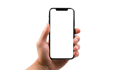 hand holding smart phone with blank screen isolated on transparent white background, clipping path