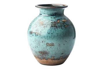 A stunning teal ceramic vase showcasing a unique rustic texture and aged patina with subtle gold flecks adding vintage charm against a on transparent background