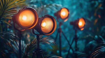 Studio lights illuminating tropical foliage