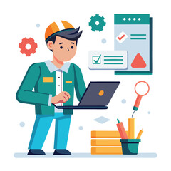 male engineer checks the program and discovers an error. Hand drawn style vector design illustrations.