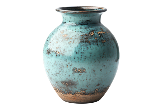 A stunning teal ceramic vase showcasing a unique rustic texture and aged patina with subtle gold flecks adding vintage charm against a on transparent background