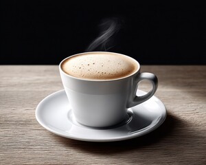 Obraz premium Close-up of a steaming espresso in a ceramic cup, placed on a rustic wooden table, warm morning sunlight filtering in, cozy cafe ambiance, shallow depth of field, textured surface, editorial food