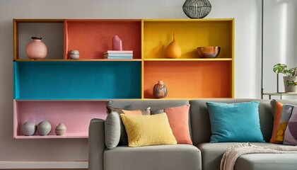 Colorful shelf and sofa details in a modern living space