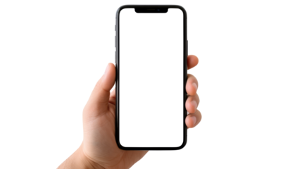 hand holding smart phone with blank screen isolated on transparent white background, clipping path
