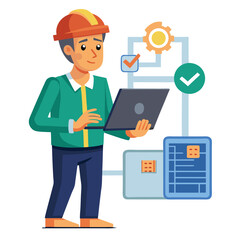 male engineer checks the program and discovers an error. Hand drawn style vector design illustrations.