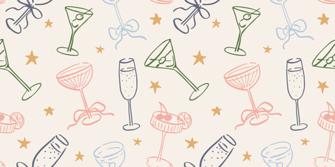 Seamless pattern with various alcohol drinks and stars. Hand drawn ink vector illustration. Elements for poster, social media, banners, invitation. Trendy coquette core template.  