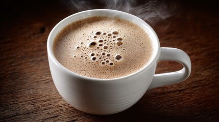 Fototapeta premium Close-up of hot espresso with crema, placed on a rough wooden surface, early morning sunlight gently illuminating steam, soft texture-focused photo, rustic charm