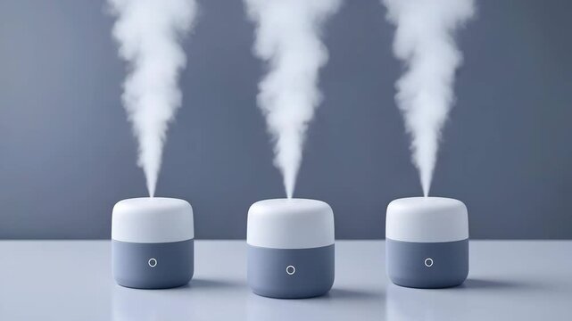 Humidifier Trio: Three sleek and modern humidifiers release a delicate mist, adding moisture and tranquility to any space.
