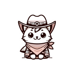 Cute Cowboy Cat Logo With Big Hat and Scarf Vector Illustration