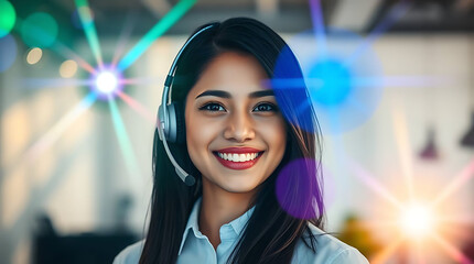 Obraz premium Young Female Call Center Agent Wearing Headset and Smiling – Customer Support Professional