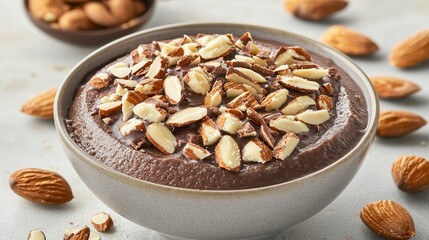 Fototapeta premium Chocolate almond desert indulgence Delicious almond dessert topped with slivers in a bowl.