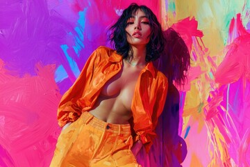 A woman in an orange shirt and pants poses against a vibrant, abstract painted background.