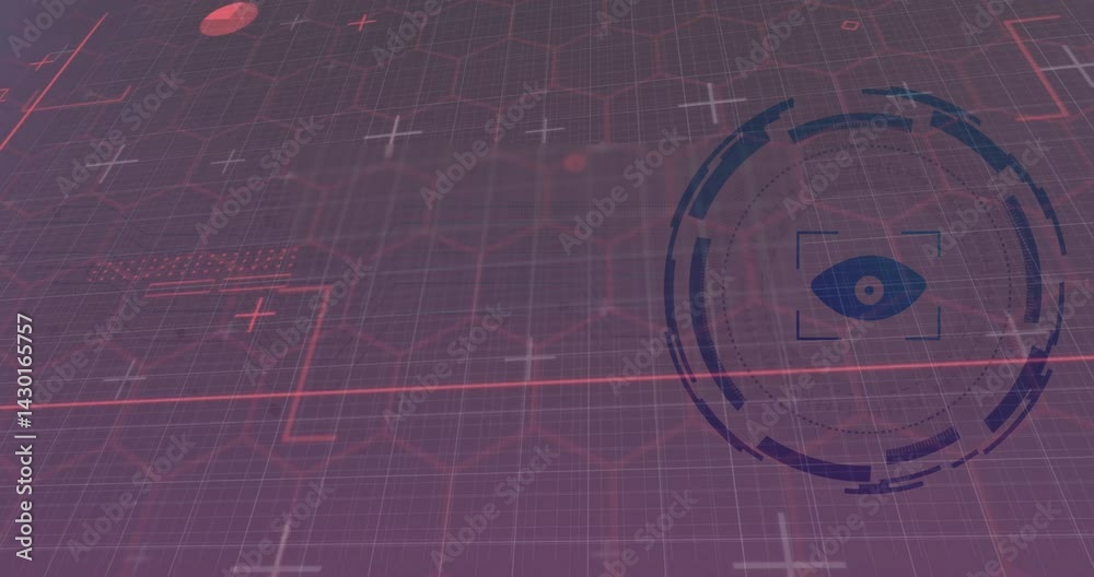 Poster digital interface displaying red scanning line across grid overlay with reticle featuring eye icon