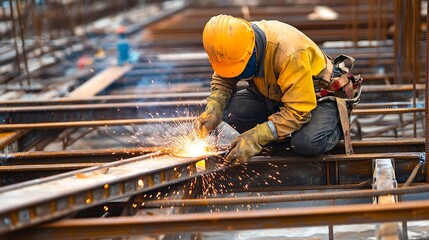 Construction Worker Welding Steel Beams