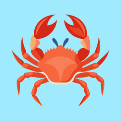 A red and orange crab with large claws against a blue backdrop