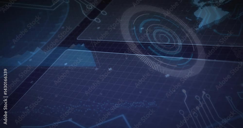 Poster circular hud interface graphic being animated over blue grid featuring data panels with waveforms