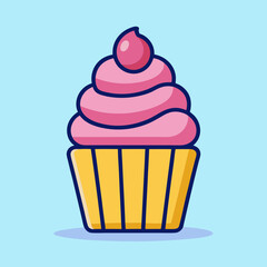 Delicious Pink Frosted Cupcake with Yellow Wrapper and Blue Outlines Design