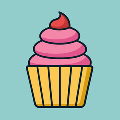 Illustration of a delicious pink cupcake with bright red icing swirl