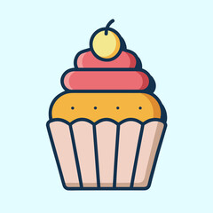 Colorful cupcake illustration with cherry on top isolated on blue background