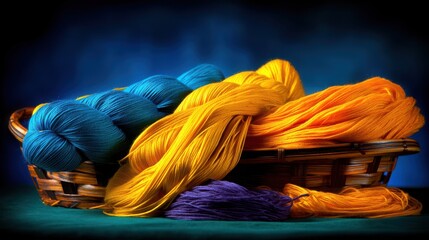 Digital Detox and Mindfulness Concept. Colorful Yarn Collection in a Woven Basket for Crafting and Knitting Projects