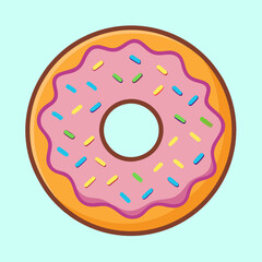 Delicious pink frosted donut with colorful sprinkles against a blue background