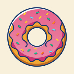 Cartoon illustration of a pink frosted donut with colorful sprinkles on cream background
