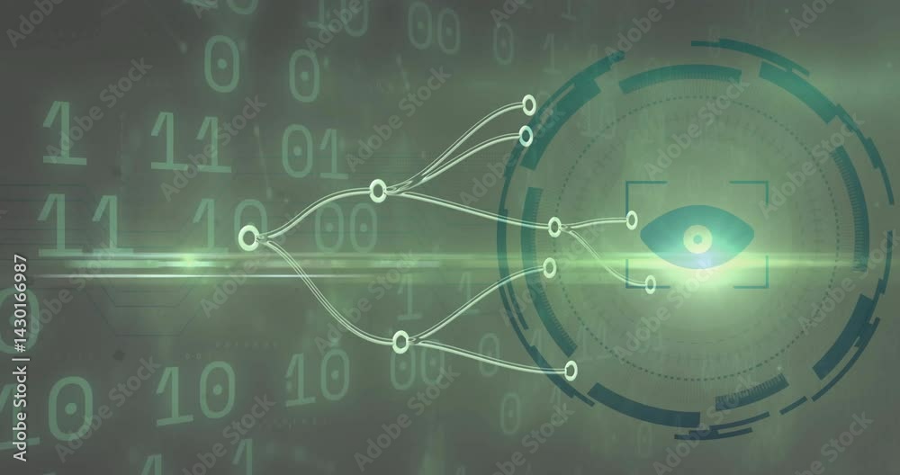 Poster displaying teal eye icon within circular hud dial, connecting data lines to nodes in flat design