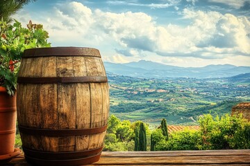 Fototapeta premium Rustic wooden wine barrel framed by Tuscan landscape view.