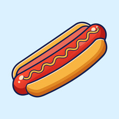 Cartoon Hot Dog with Mustard on Light Blue Background Illustration