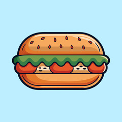 Delicious cartoon hamburger with fresh lettuce and tomatoes on blue background