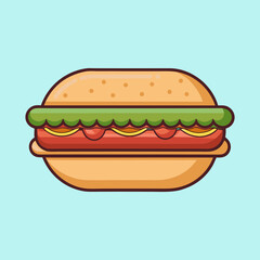 Delicious looking cartoon hotdog with mustard and lettuce on a blue background
