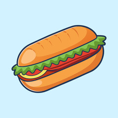 Delicious cartoon sandwich with lettuce, cheese, and tomato, on light blue