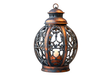 An ornate bronze lantern with intricate metalwork a soft candlelight glow sits against a stark black background creating a mood of quiet on transparent background