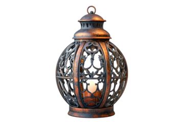 An ornate bronze lantern with intricate metalwork a soft candlelight glow sits against a stark black background creating a mood of quiet on transparent background