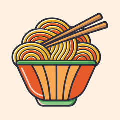 Colorful vector illustration of a bowl of delicious noodles and chopsticks