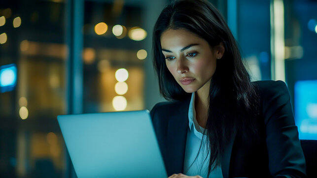Focused professional financial IT expert Latin Hispanic businesswoman working on a laptop