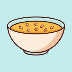 Cartoon bowl of soup on light blue background is simple and cute