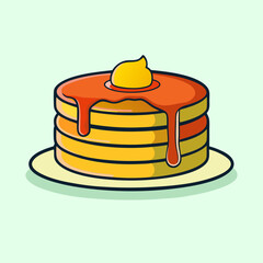 Delicious stack of cartoon pancakes topped with butter and dripping syrup