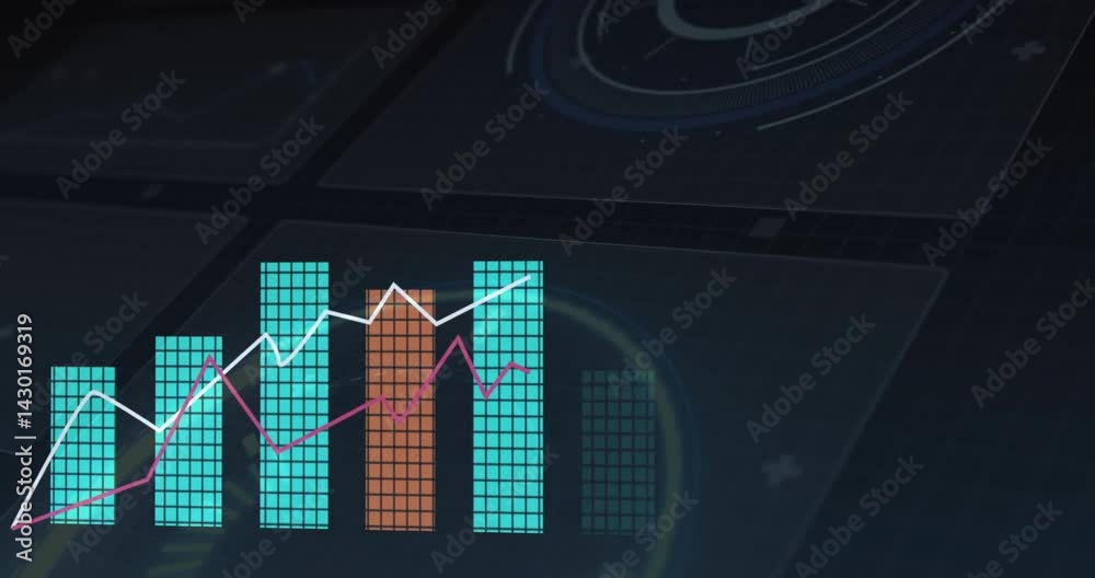 Poster digital bar chart showing pixelated bars with white and magenta lines tracing data on hud grid