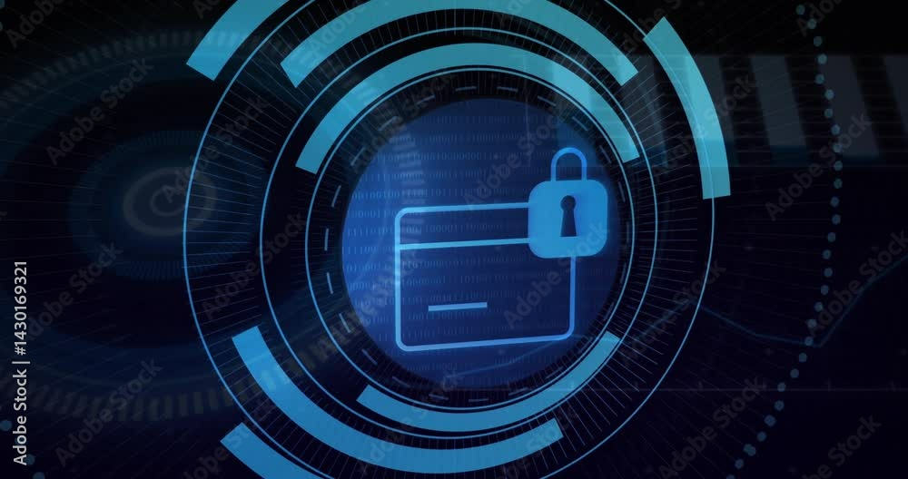 Poster central digital security interface showing rotating rings, streaming binary code, glowing ui detail